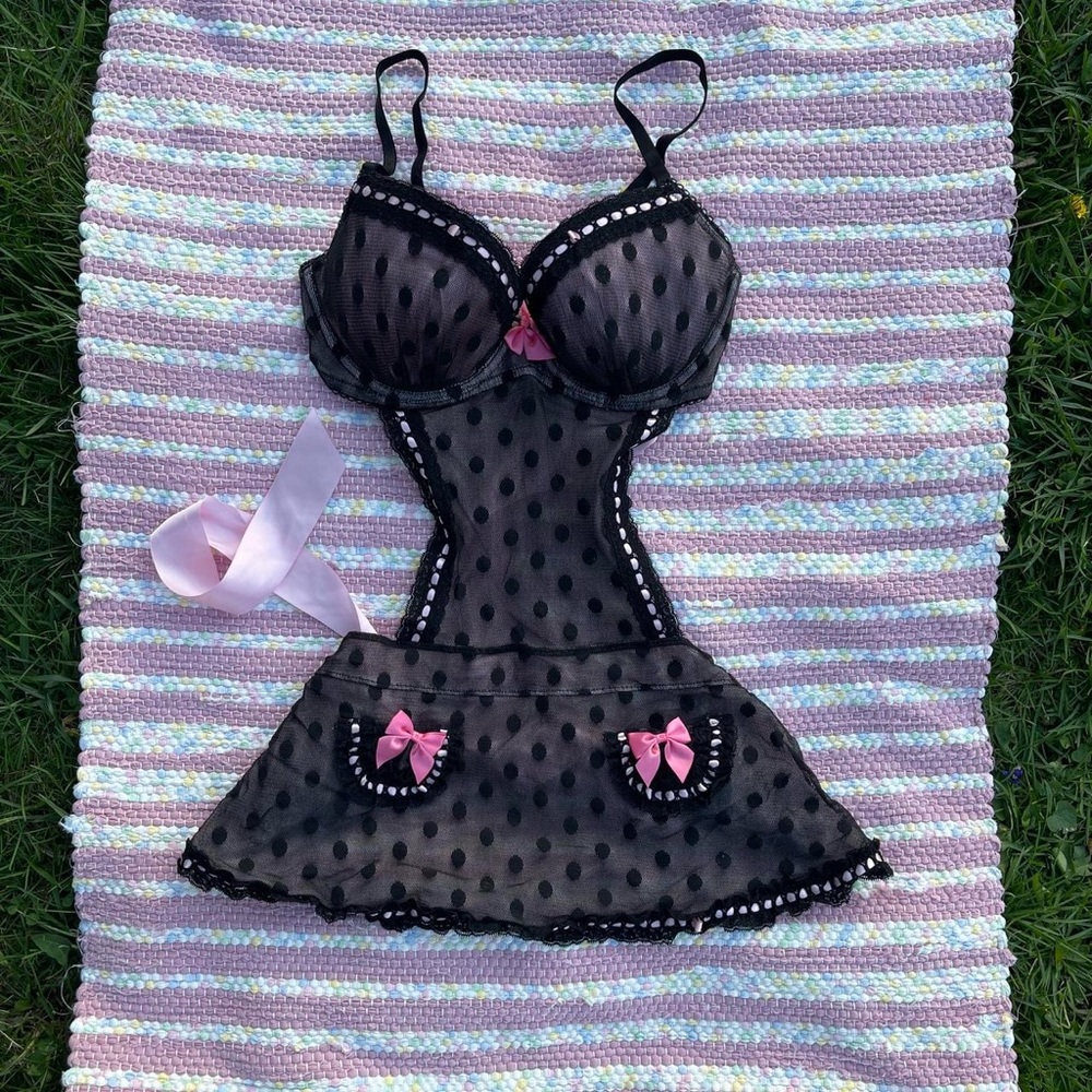 Y2K Scene Pink Black Backless Maid Lingerie Mini Dress 
36C
